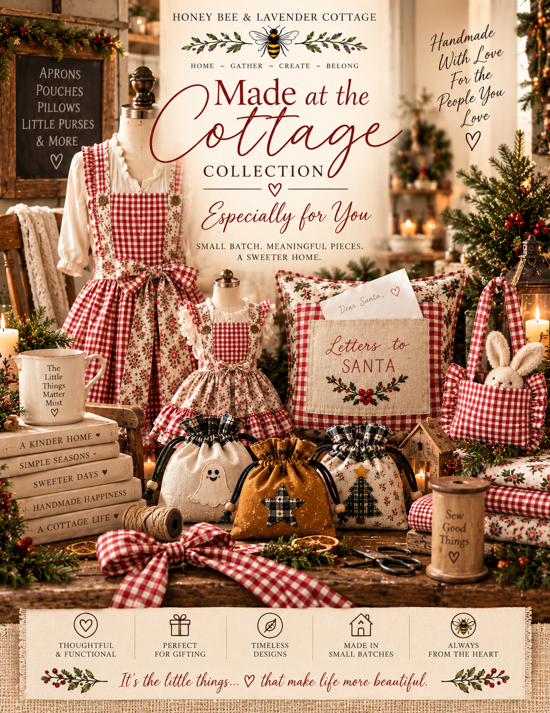 Made at the Cottage Collection — handmade aprons, pouches, pillows, bows and more from Honeybee & Lavender Cottage