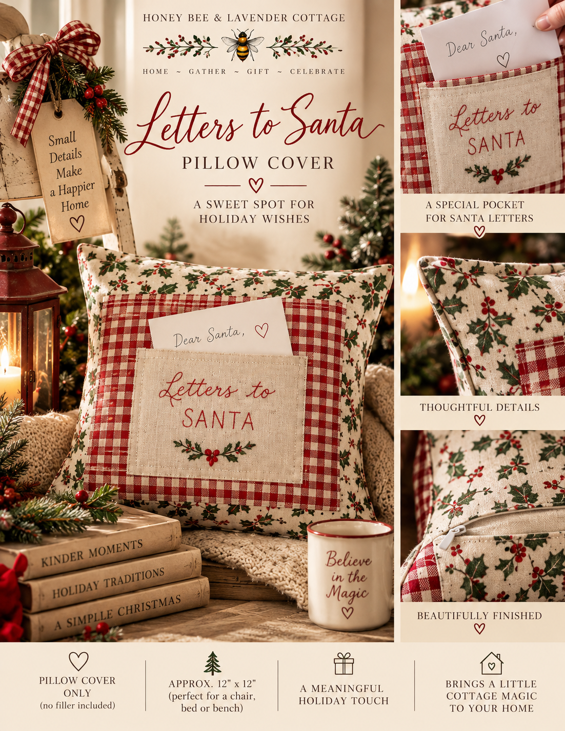 Letters to Santa Pillow Cover — handcrafted holiday pillow with gingham pocket for Santa letters