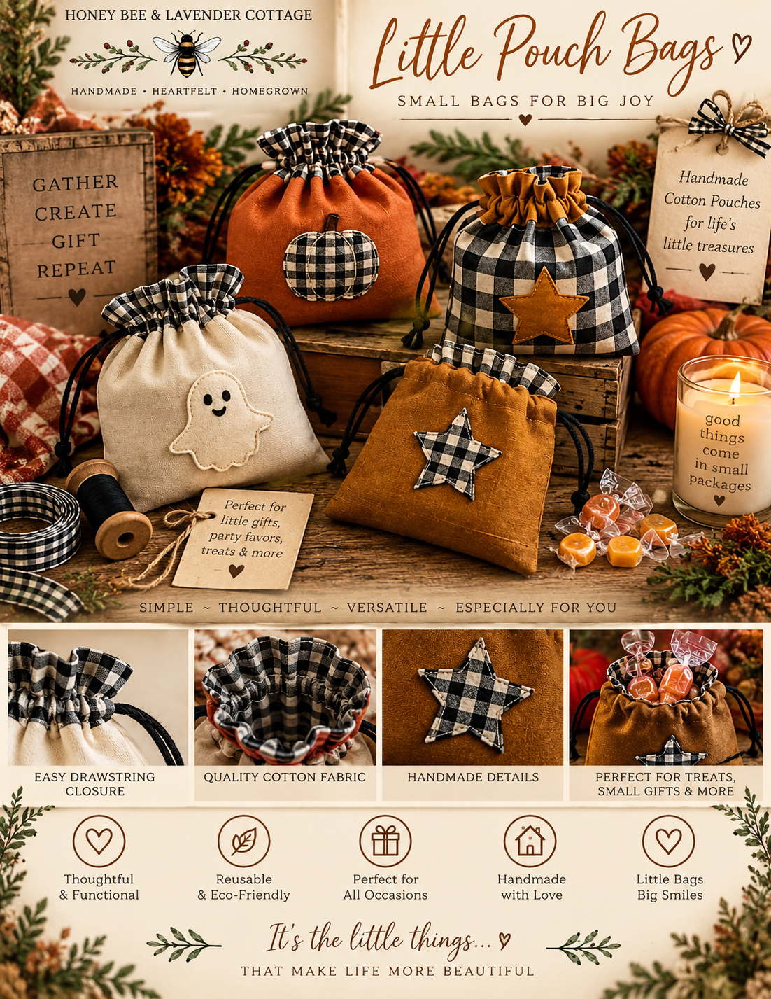 Little Pouch Bags — handmade cotton drawstring bags with seasonal appliqués, made at the Cottage