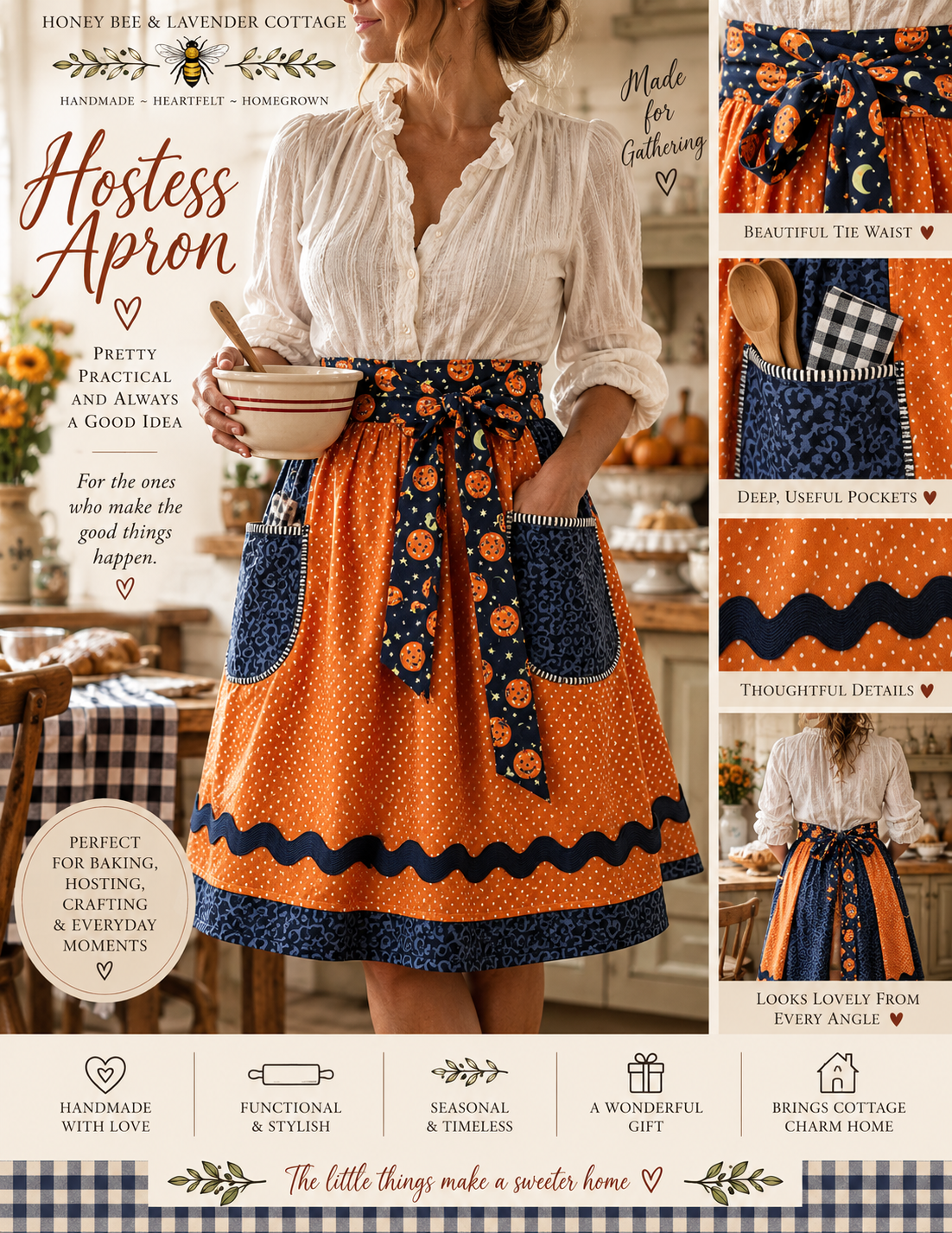 Hostess Apron — handmade orange harvest apron with navy pumpkin tie waist and deep pockets
