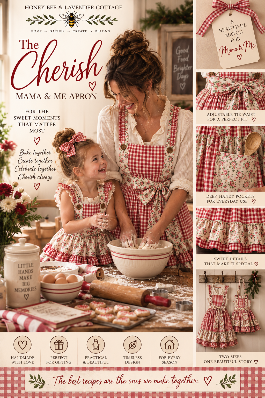 The Cherish Mama & Me Apron — handmade red gingham and floral cottage apron set