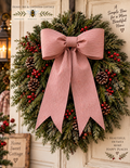 The Cottage Bow — 18 inch handmade stiffened red and white ticking stripe cotton bow on a Christmas wreath
