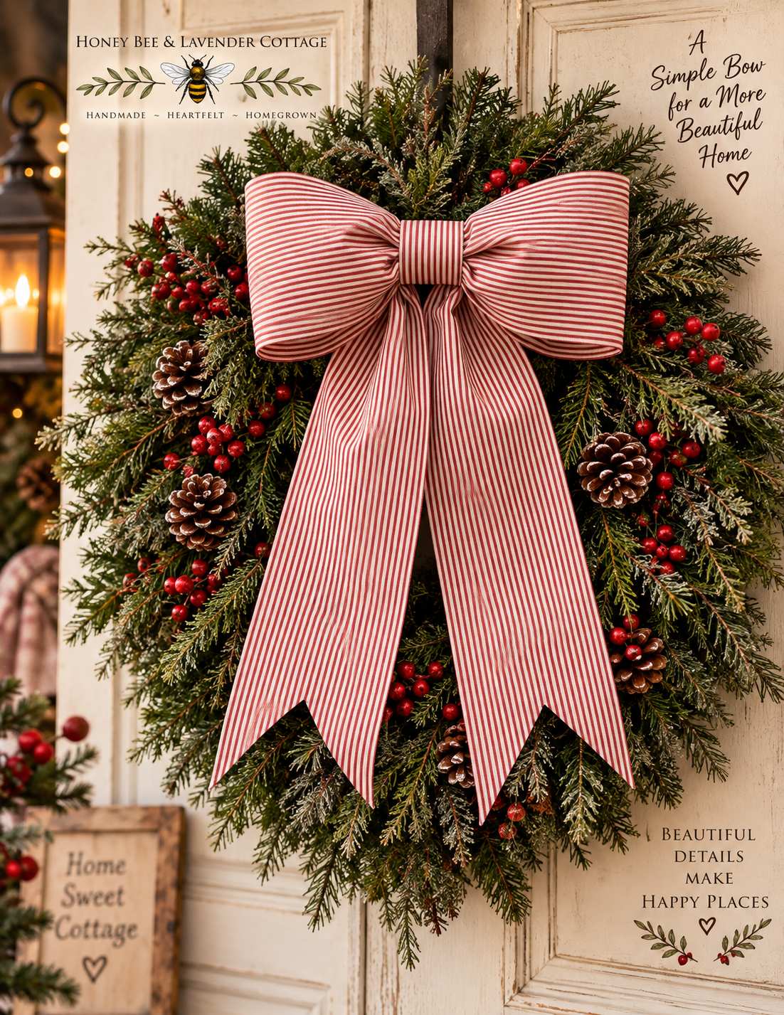 The Cottage Bow — 18 inch handmade stiffened red and white ticking stripe cotton bow on a Christmas wreath