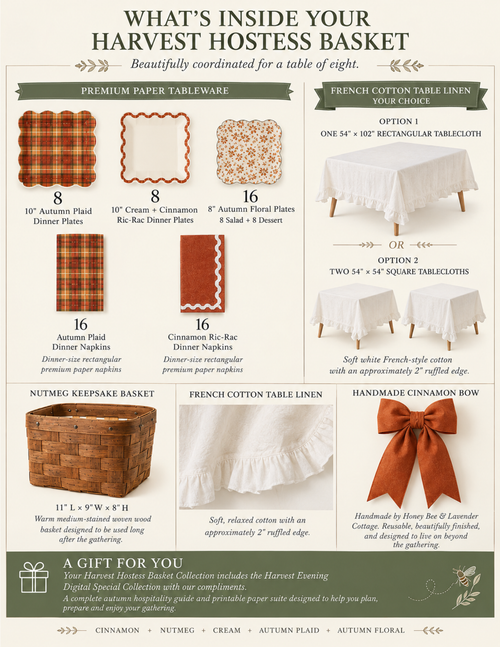 Harvest Hostess Collection basket contents — tableware and linens